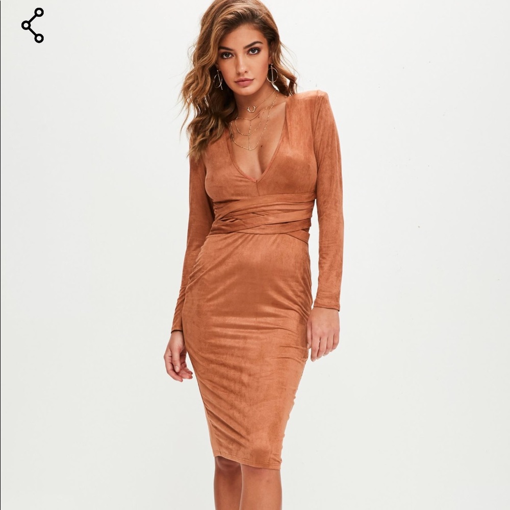 Missguided brown faux suede plunge dress